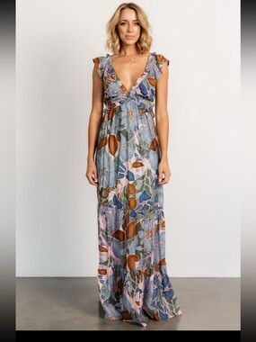 Baltic Born Nylah Back Tie Maxi Dress Blue Multi Floral Size L